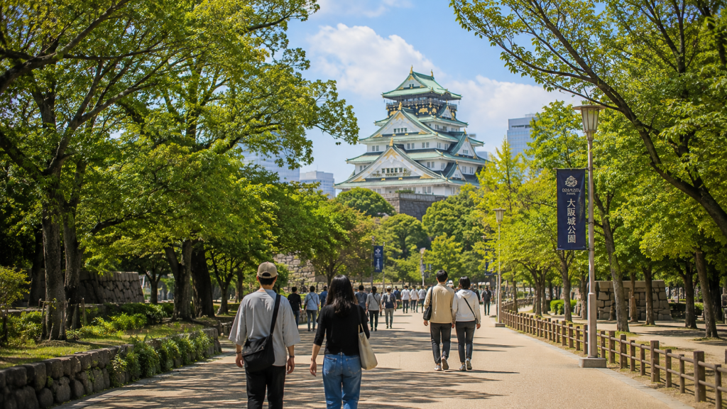 Travelers exploring Osaka Castle Park in Osaka, Japan