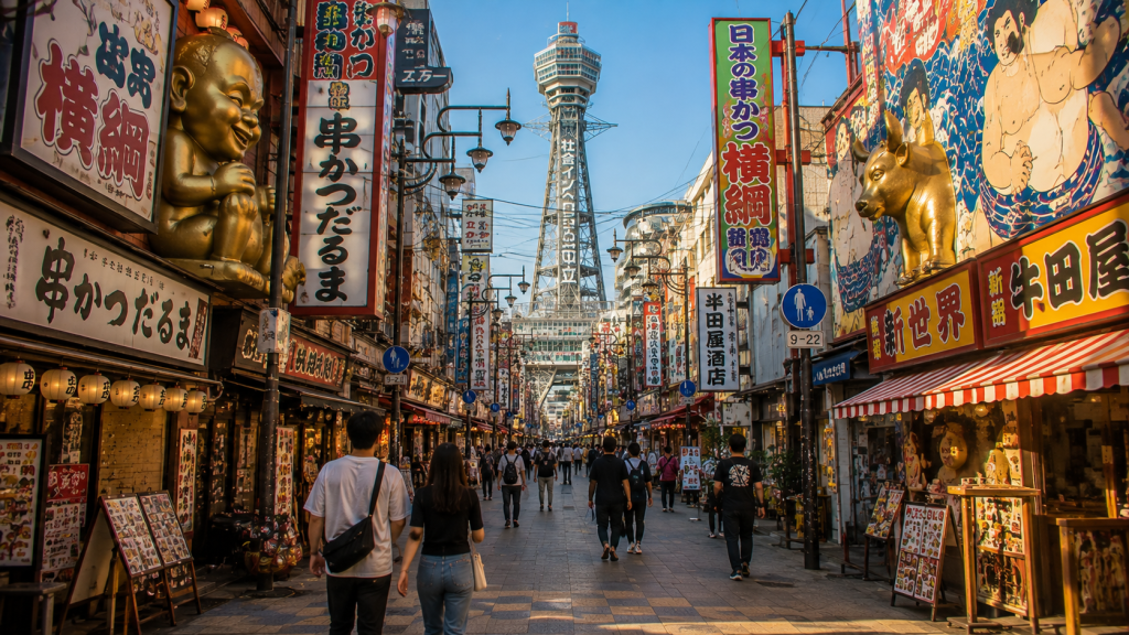Travelers exploring the retro streets of Shinsekai in Osaka