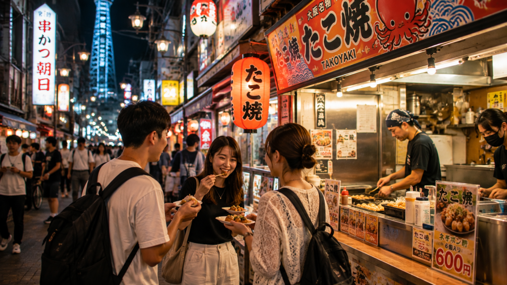 Travelers enjoying local street food in Osaka, Japan