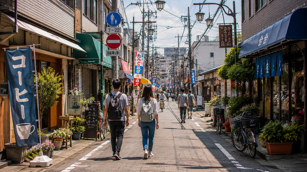 Travelers exploring a local neighborhood in Osaka, Japan