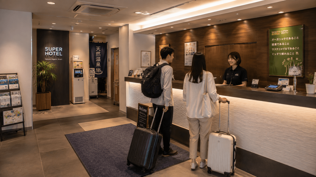 Travelers checking into a convenient business hotel in Japan