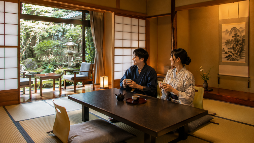 Travelers relaxing in a traditional Japanese ryokan room with tatami flooring