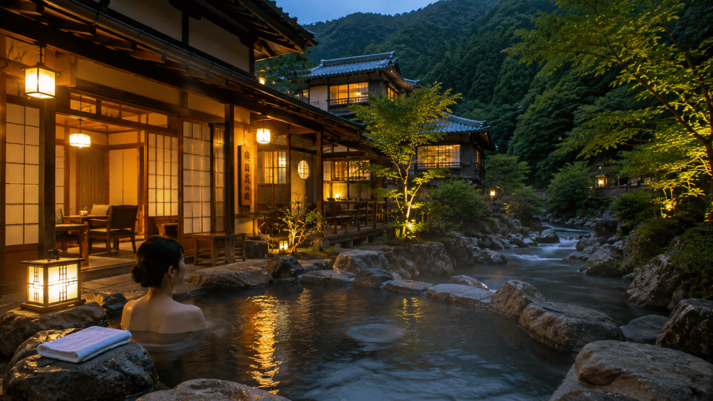 Traditional onsen ryokan surrounded by nature in Japan
