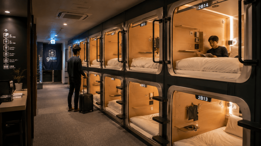 Modern capsule hotel sleeping spaces in Japan