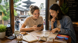 Travelers planning their budget during a trip to Japan