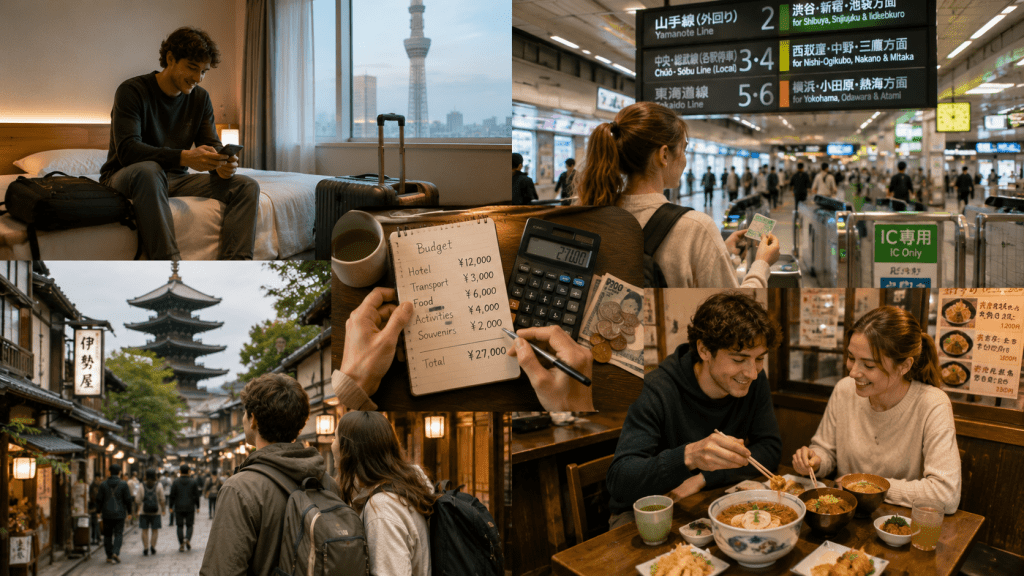 Travelers managing accommodation, transportation and food costs in Japan