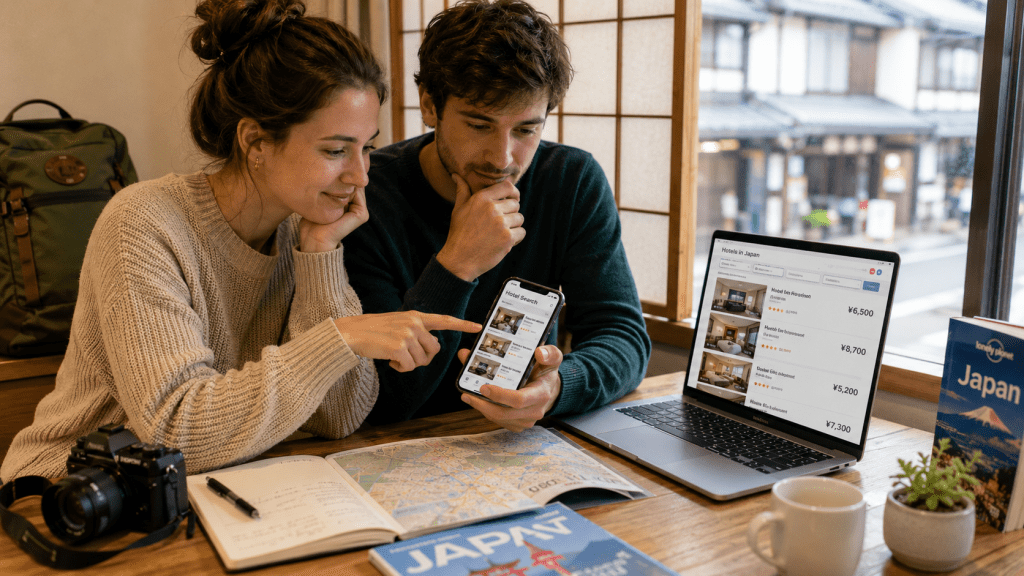 Travelers comparing accommodation options for a trip to Japan