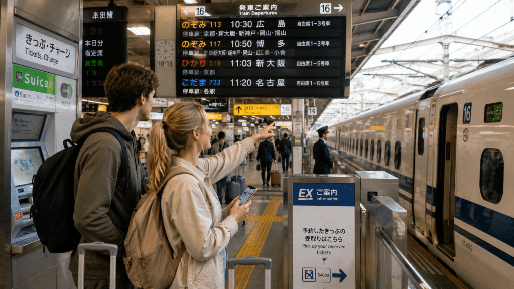 Travelers using trains while managing transportation costs in Japan