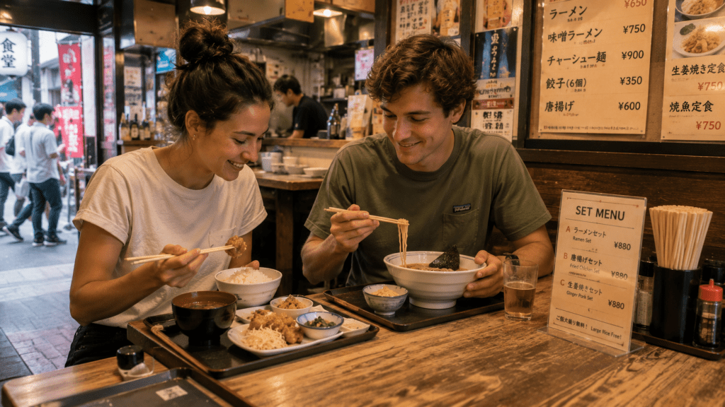 Travelers enjoying affordable local food during a trip to Japan