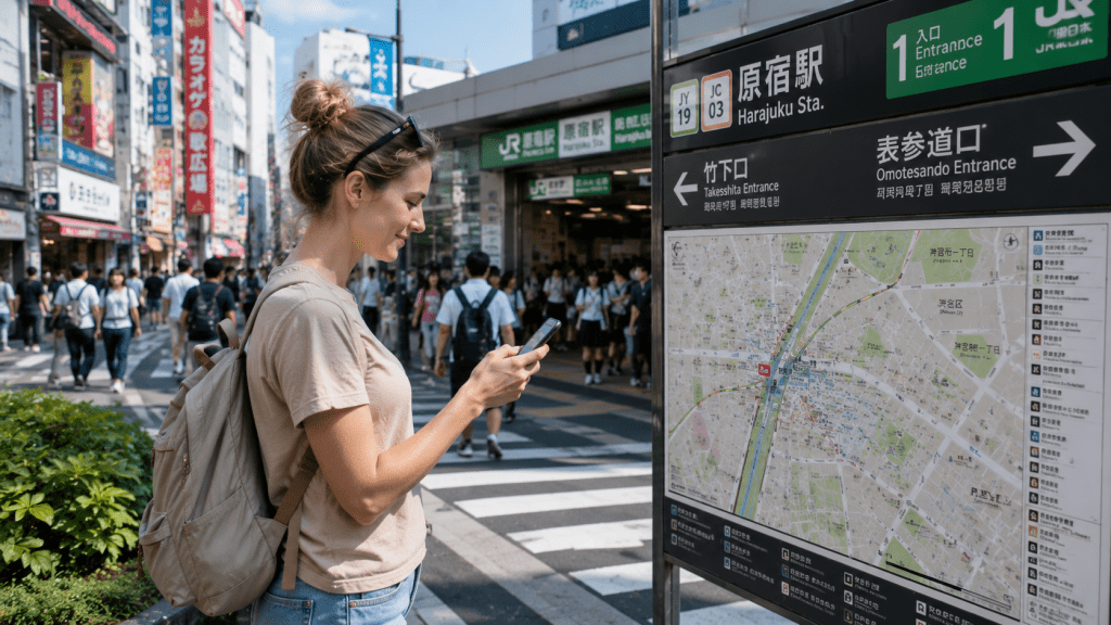 Traveler using a smartphone to stay connected during a trip to Japan