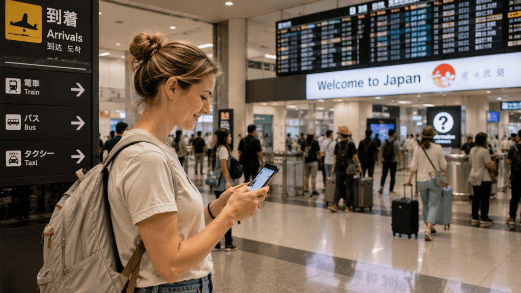 Traveler using an eSIM on a smartphone after arriving in Japan