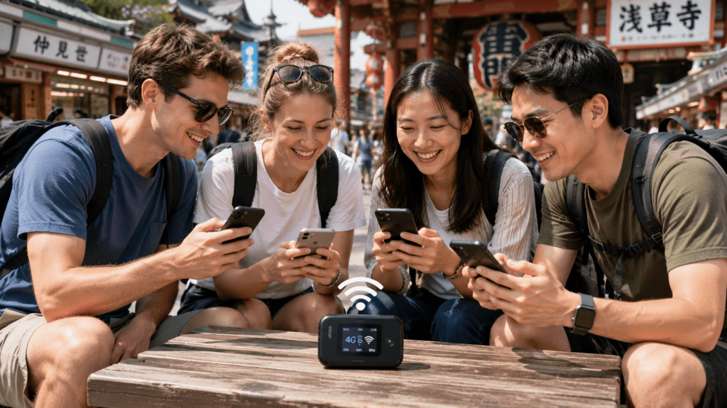 Travelers using pocket Wi-Fi to connect multiple devices during a trip to Japan