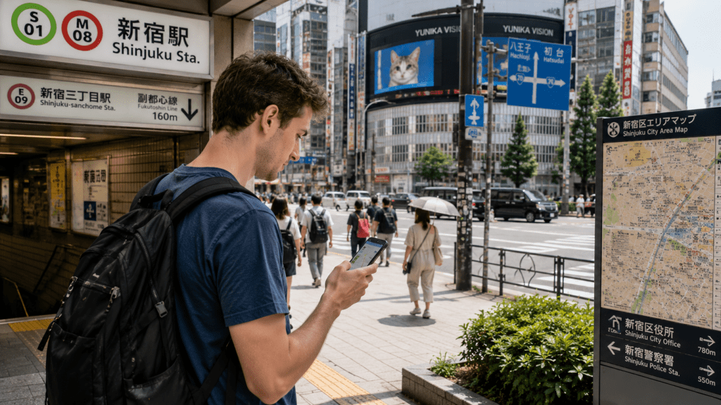 Traveler using mobile data for maps and transportation during a trip to Japan
