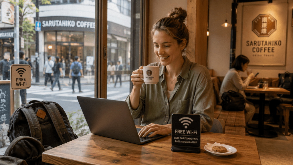 Traveler using free Wi-Fi at a cafe during a trip to Japan