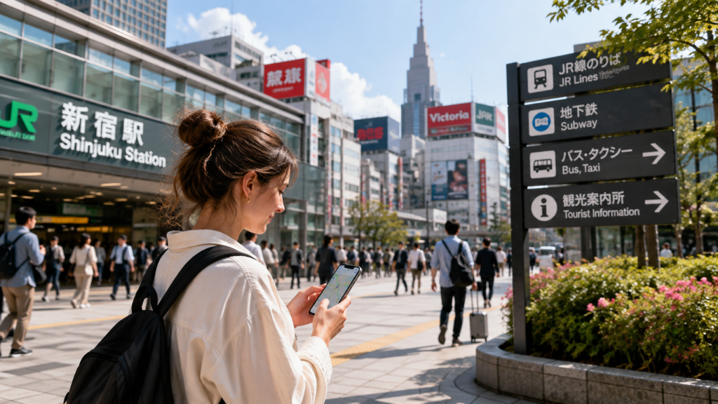 Traveler using a smartphone app while exploring Japan