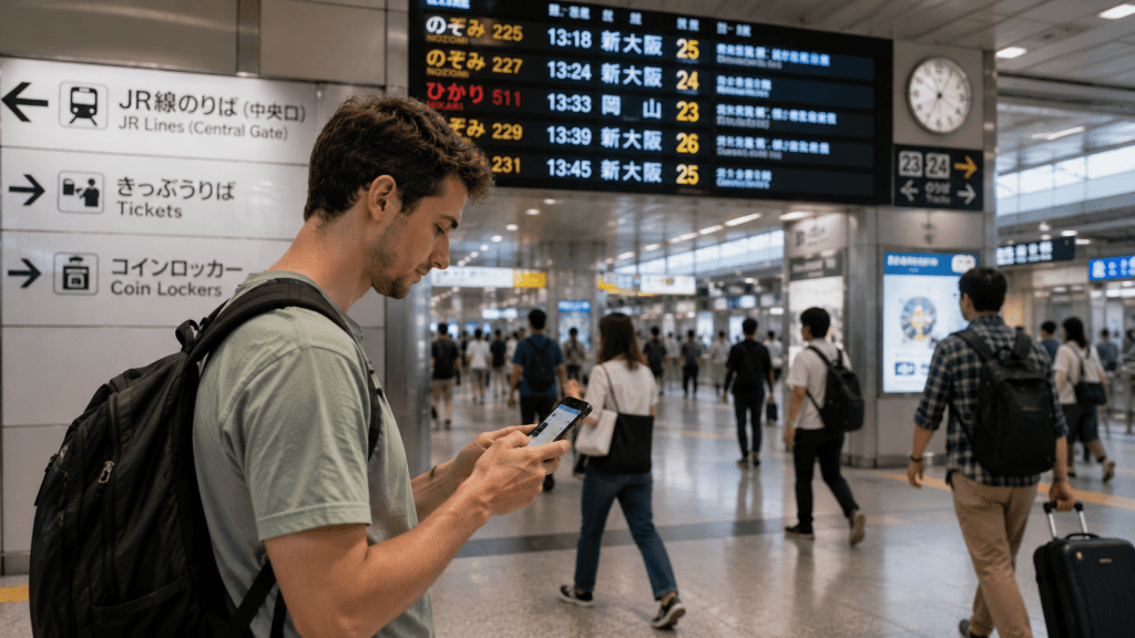 Traveler using a navigation app at a train station in Japan