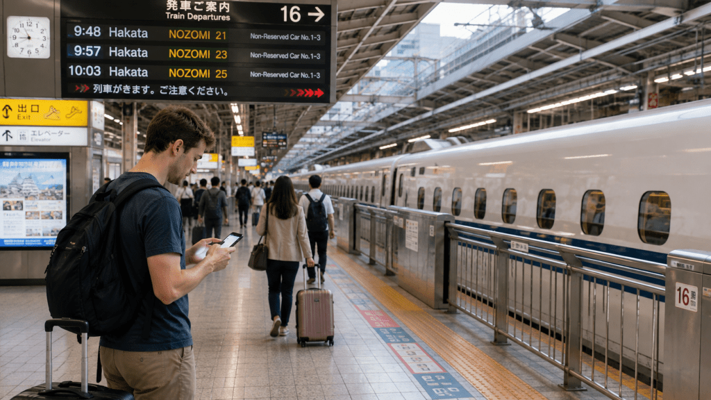 Traveler using a smartphone before boarding the Shinkansen in Japan