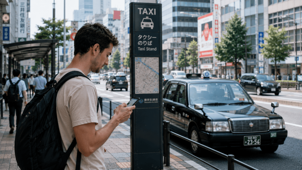 Traveler using a smartphone while waiting for a taxi in Japan