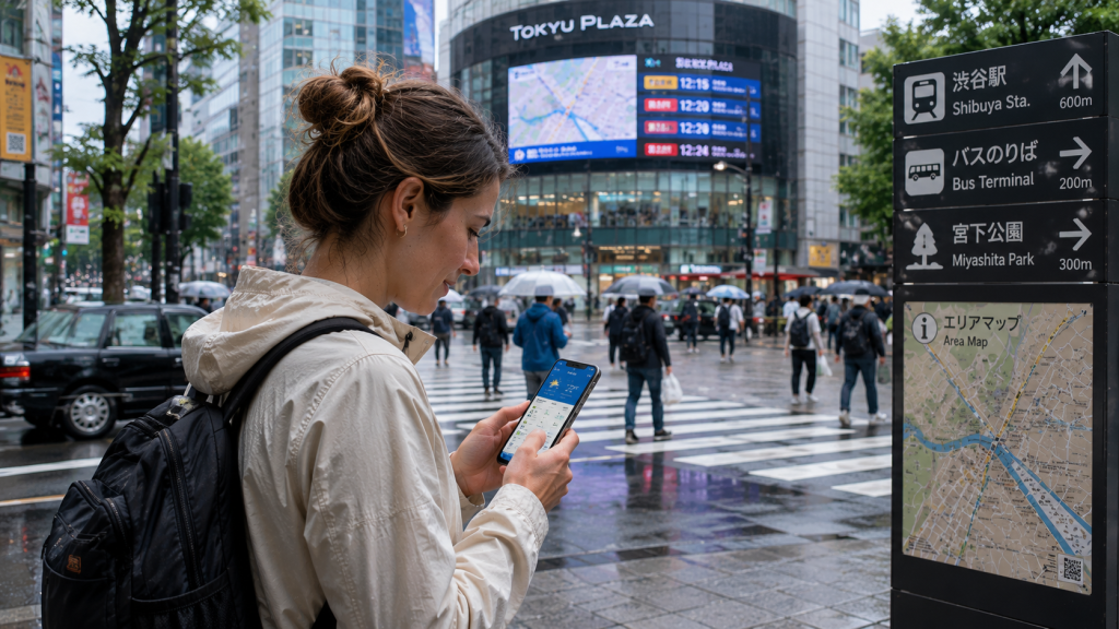 Traveler checking weather and travel information on a smartphone in Japan
