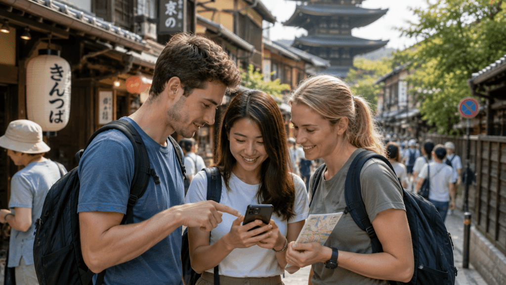 Travelers using smartphone apps during a trip to Japan