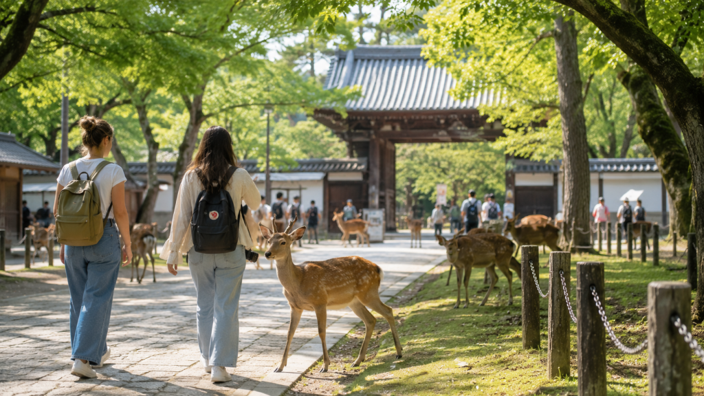 Travelers exploring Nara Park with deer during a day trip to Nara