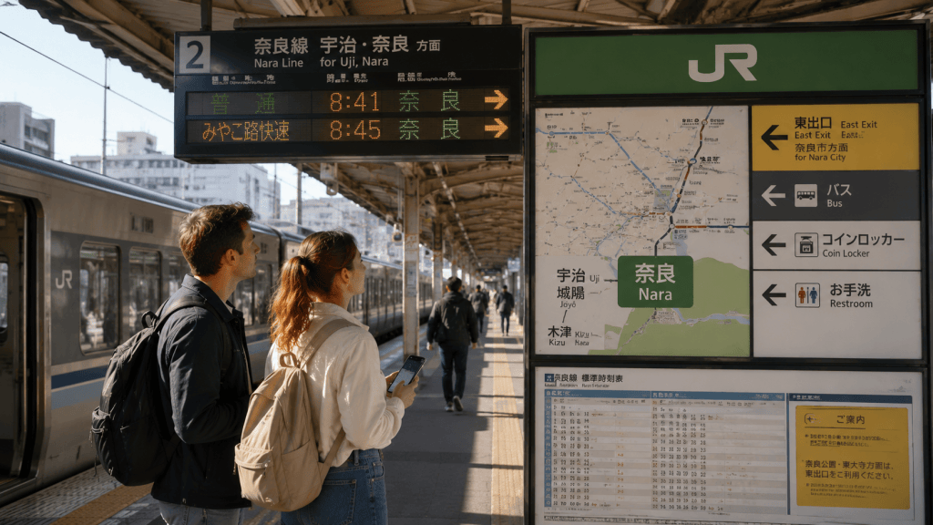 Travelers taking a train to Nara for a day trip from Kyoto or Osaka