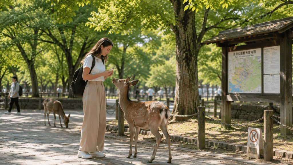 Travelers seeing deer while exploring Nara Park in Japan