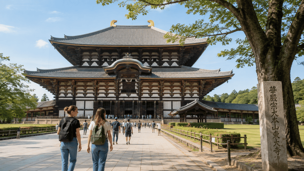 Travelers visiting Todai-ji Temple during a day trip to Nara