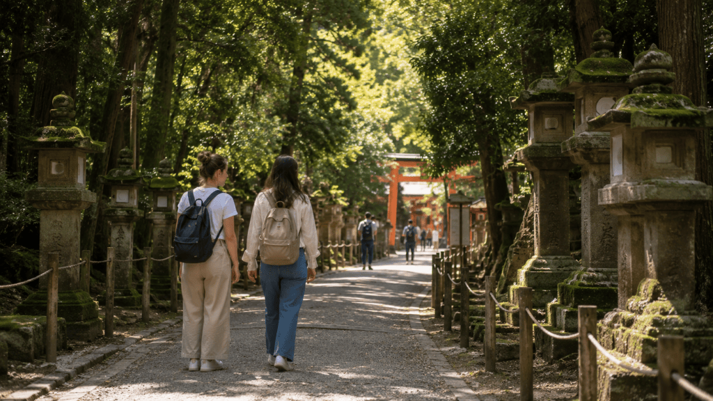 Travelers walking along the lantern-lined approach to Kasuga Taisha in Nara