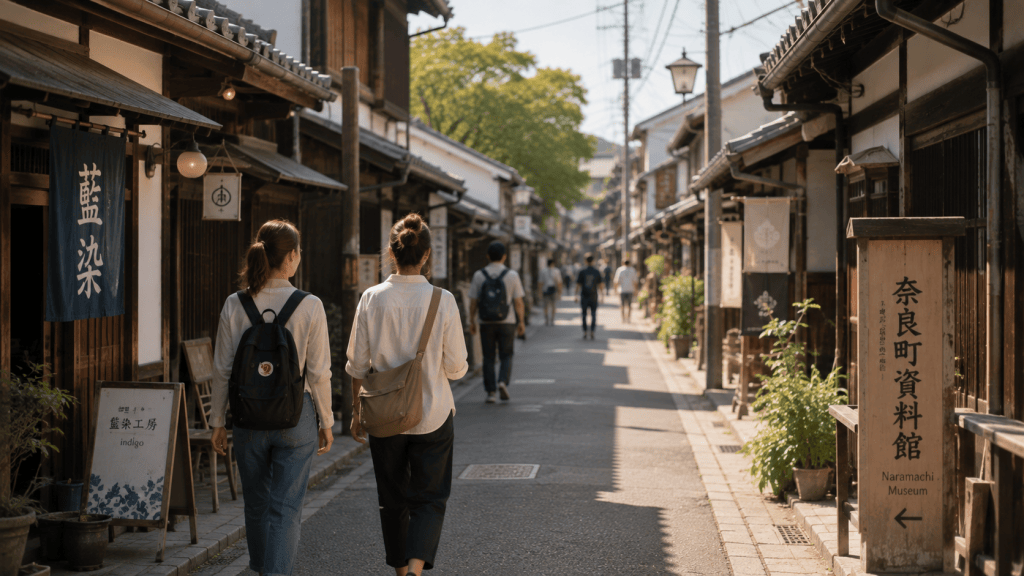 Travelers walking through the traditional streets of Naramachi in Nara