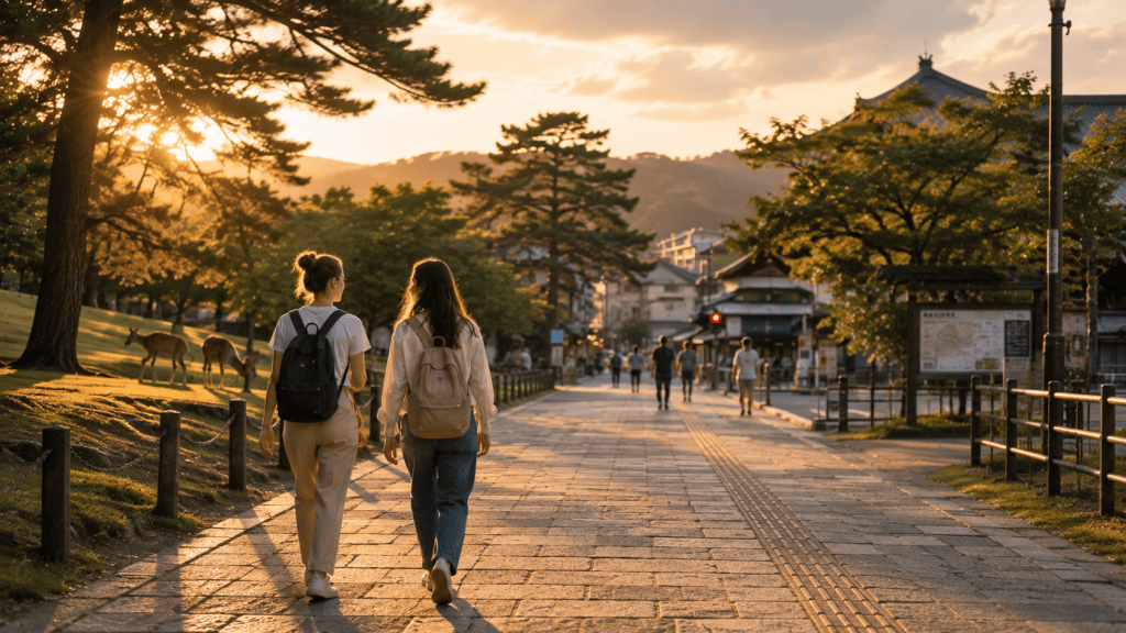 Travelers walking through Nara at the end of a day trip