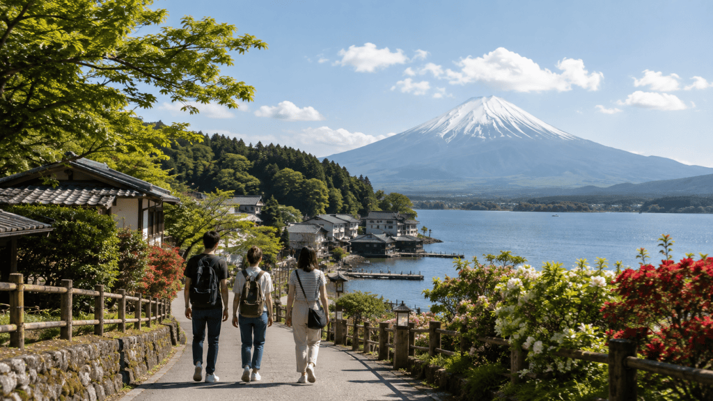 Travelers exploring the countryside on a day trip from Tokyo with Mount Fuji in the distance