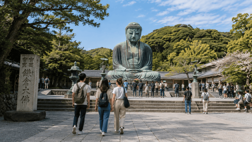 Travelers visiting the Great Buddha in Kamakura on a day trip from Tokyo