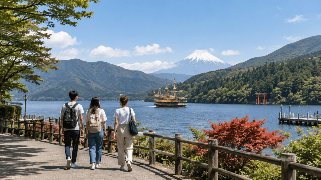 Travelers enjoying Lake Ashi and mountain scenery during a day trip to Hakone