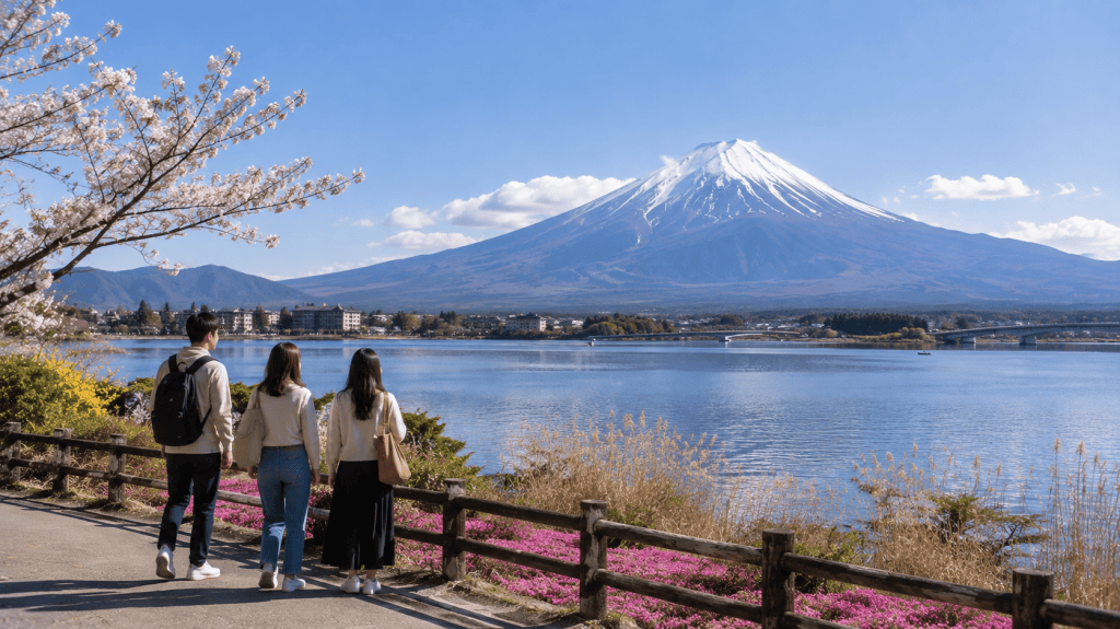 Travelers enjoying views of Mount Fuji across Lake Kawaguchiko on a day trip from Tokyo