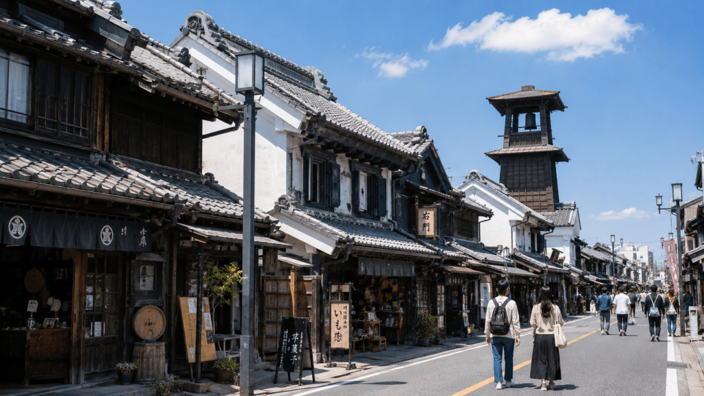 Travelers walking through the historic streets of Kawagoe on a day trip from Tokyo