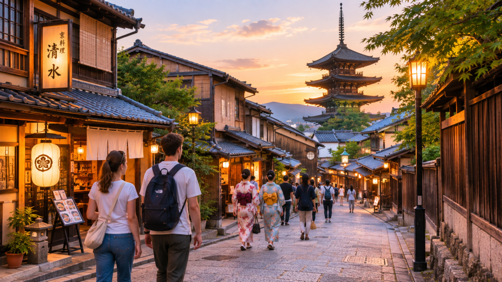 Travelers exploring the historic Higashiyama district in Kyoto during a 10-day Japan itinerary