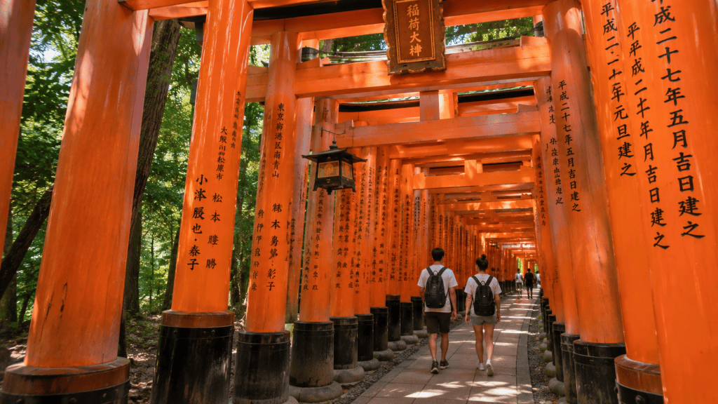 Travelers walking through the torii gates at Fushimi Inari in Kyoto during a 10-day Japan trip