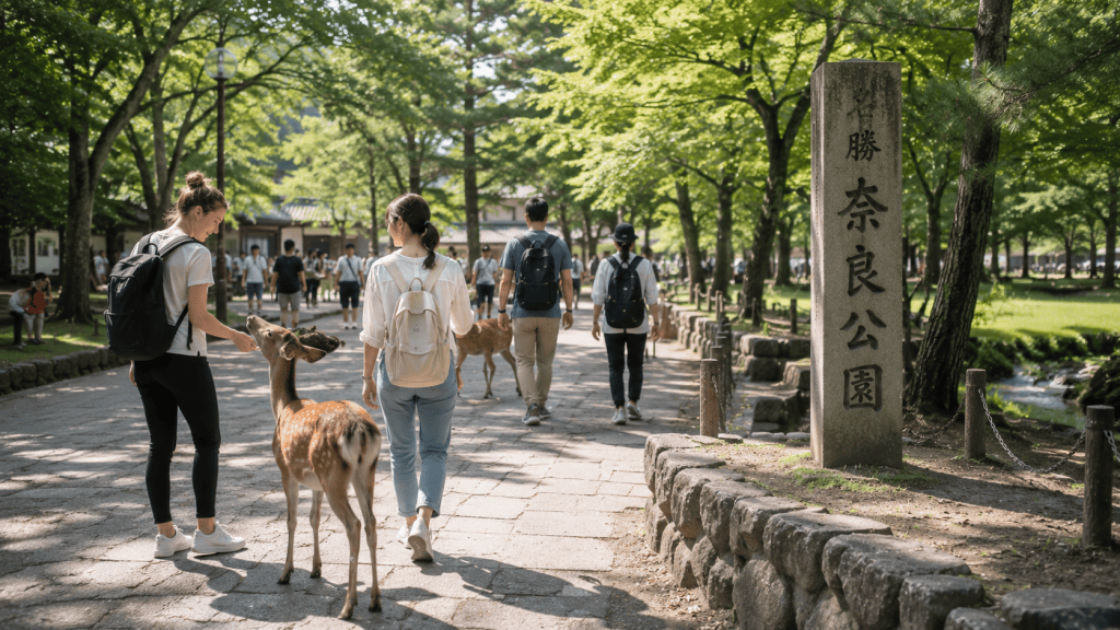 Travelers walking with deer in Nara Park during a 10-day Japan itinerary