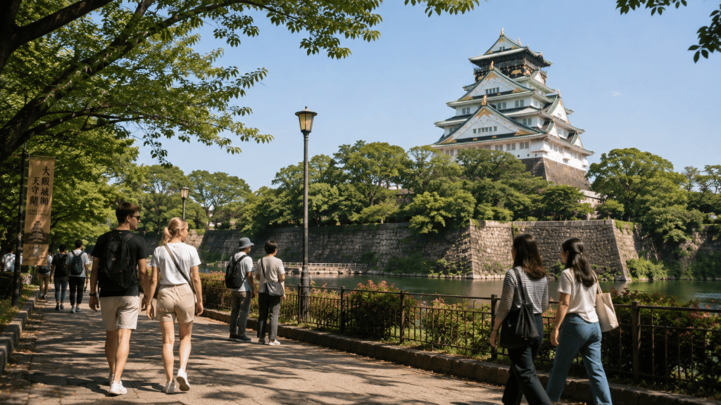 Travelers exploring Osaka Castle during a 10-day trip to Japan