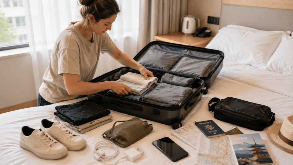 Traveler packing a suitcase for a trip to Japan