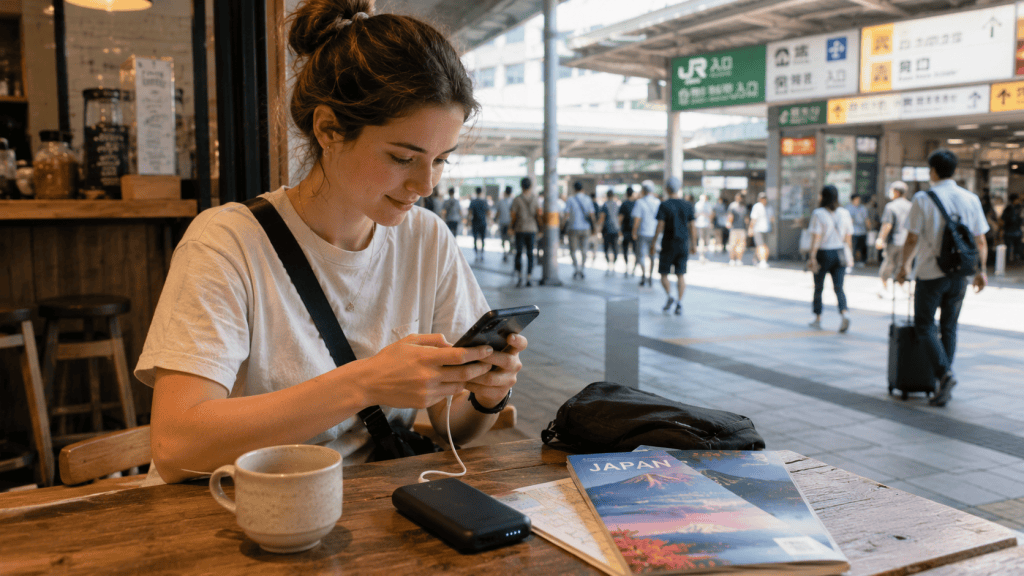 Traveler using a smartphone and portable charger during a trip to Japan
