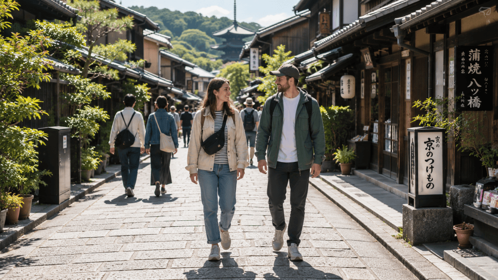 Travelers wearing comfortable clothing while sightseeing in Japan