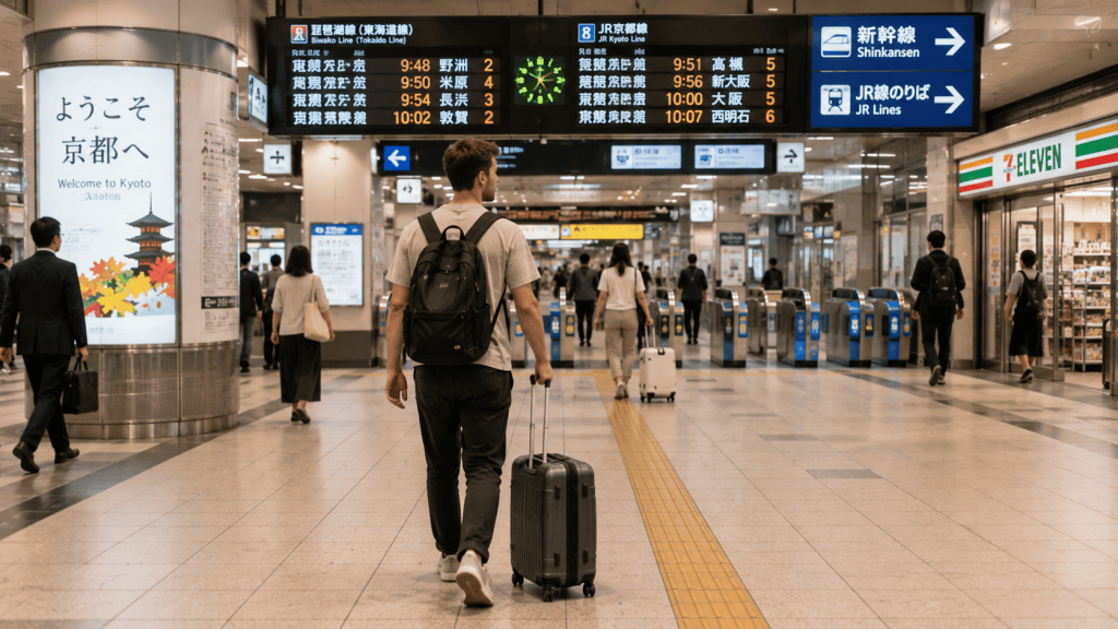 Traveler carrying manageable luggage through a train station in Japan