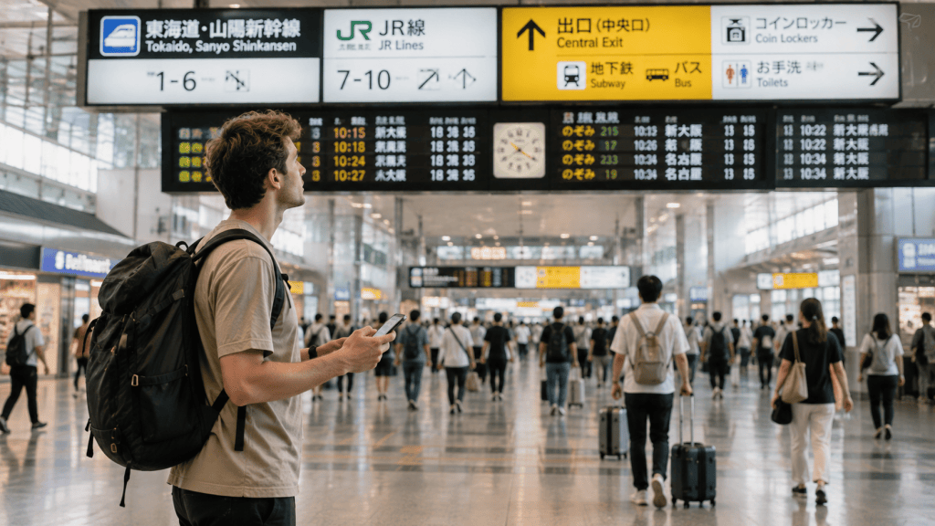 First-time traveler checking directions at a train station in Japan
