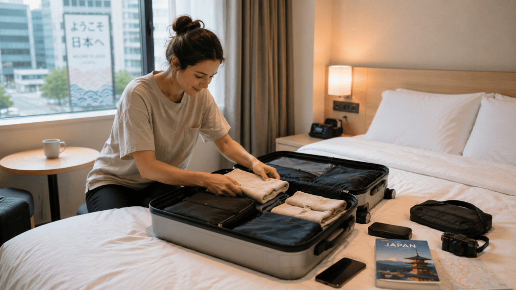 Traveler organizing a compact suitcase in a hotel room in Japan
