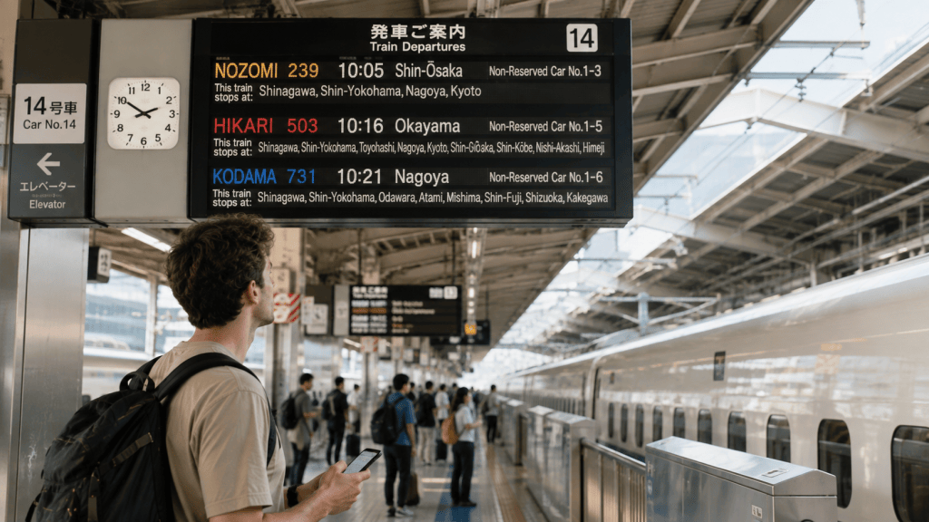 Traveler checking train information on a station platform in Japan