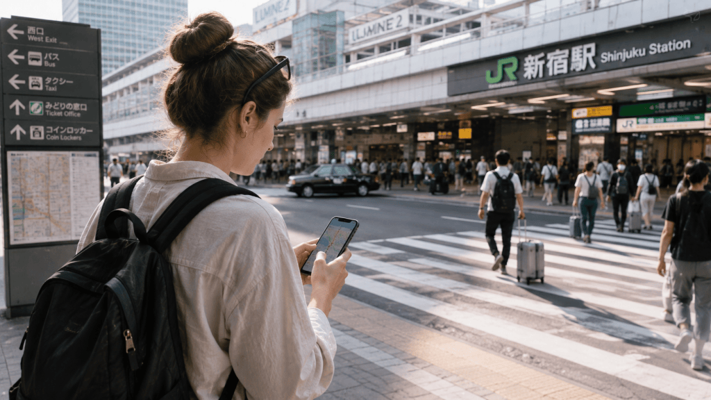 Traveler using a smartphone for navigation while traveling in Japan