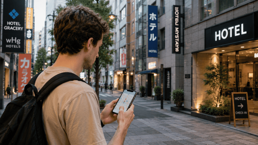 Traveler checking a hotel location on a smartphone in a Japanese city