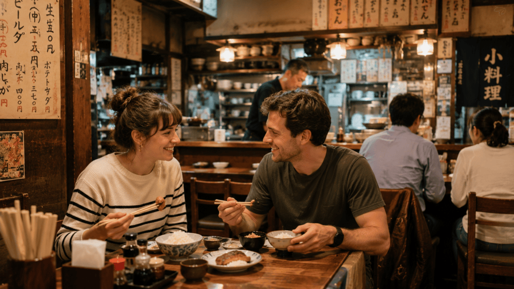 Travelers enjoying a meal at a small local restaurant in Japan